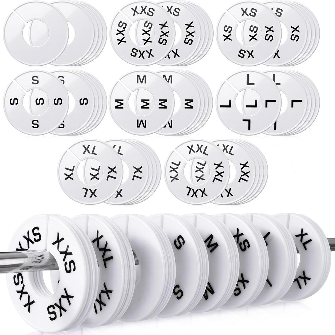 EBOOT 40 Pcs Clothing Size Dividers Retail Round Closet Size Dividers Hangers Plastic Clothes Rack Preprinted in XXS to XXL for Home or Clothing Store (White)