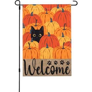 Fall Pumpkin Welcome Garden Flag 12x18 Inch Black Cat Double Sided Autumn Decor Thanksgiving Holiday Yard Flags Outdoor Decorations