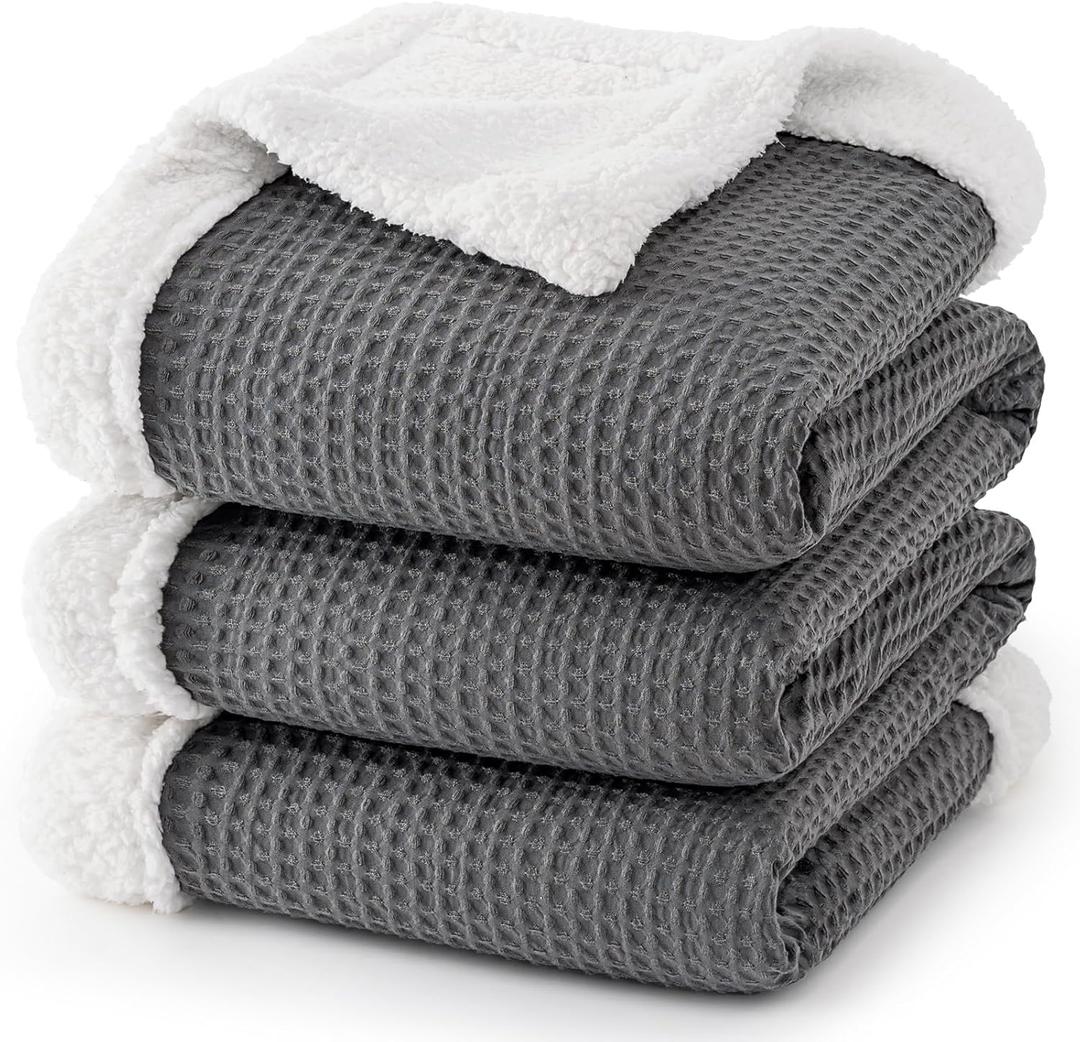 PHF Waffle Sherpa Blanket Queen Size, 90x90 Inches Luxury Plush Flannel Fleece Blanket for Winter, No Shed No Pilling, Cozy Soft & Reversible Waffle Weave Bedding for Home Decor, Grey