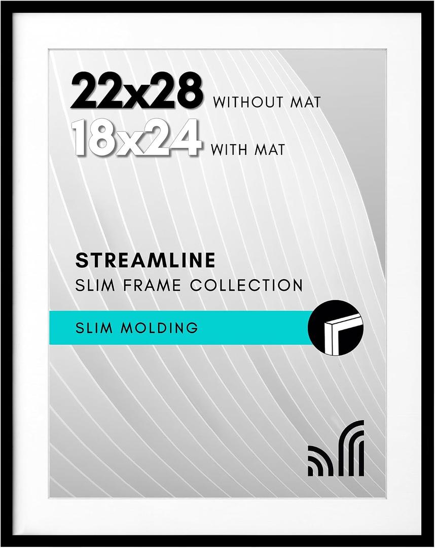 Americanflat 22x28 Poster Frame with Polished Plexiglass - Use as 18x24 Frame with Mat or Display 22x28 Photo Without Mat - Streamline Collection - Thin Border Picture Frames for Wall - Black