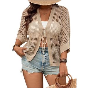 Verdusa Women's Plus Size Hollow Out Lightweight Cardigans Casual Bow Tie Outerwear Western Knit Tops Size XXL