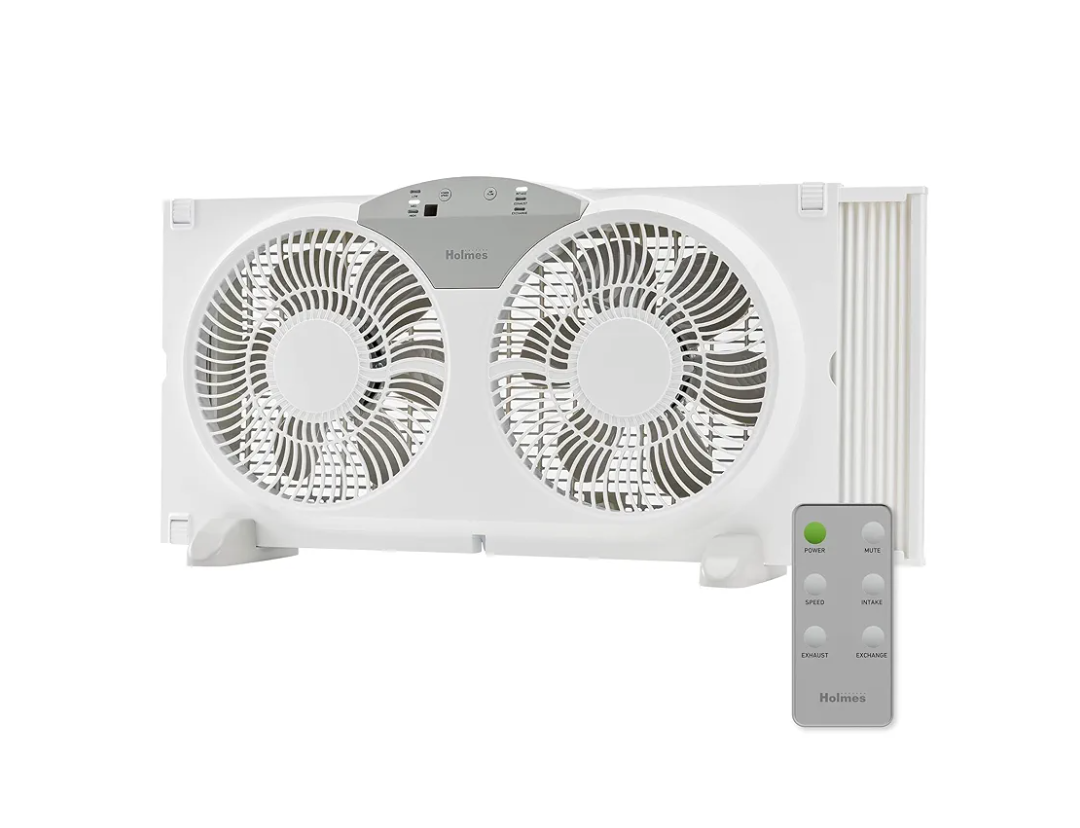 HOLMES 9" Twin Digital Window Fan, Reversible Airflow Blades, In/Out Exchange, 3 Speeds, Built-In Extender Panels, Ideal for Home, Bedroom or Office, Remote Control, White