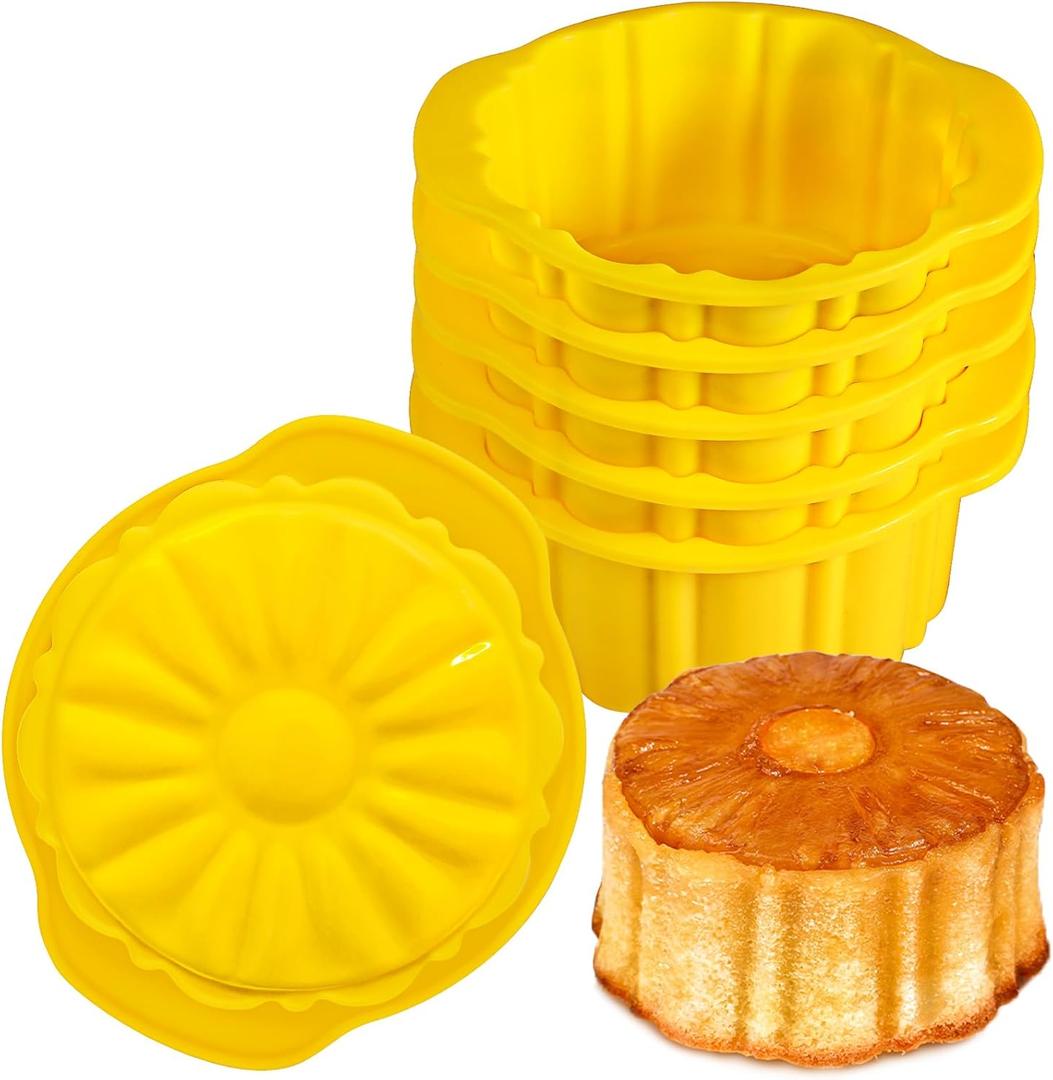 KOLUTI Pineapple Upside Down Cake Pan Set of 6, Nonstick Silicone Round Cake Mold Cups, Small and Stackable Homemade Decorative Baking Cup Oven Safe (3.8"X3.8"X2.3"), Dishwasher Friendly