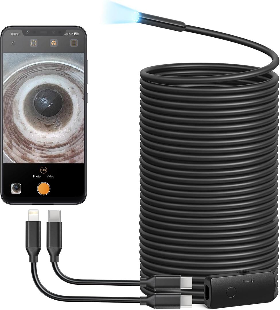 Anykit USB Endoscope Camera with 8 Adjustable LED Lights, Borescope with Semi-Rigid Snake Camera, IP67 Waterproof Inspection Cam Compatible with iPhone and Android Devices (50 ft)