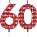 Red 60th Birthday Candles,Diamond Design 3D Number 60 Birthday Candle,Happy 60th Birthday Cake Topper Decorations for Girls Boys Women Men Birthday Anniversary Wedding Party Celebration Supplies