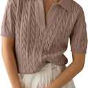 Imily Bela Women's Cable Short Sleeve Sweaters Tops Solid Lapel V Neck Knit Casual Soft Pullover Shirt (Large, Brown)