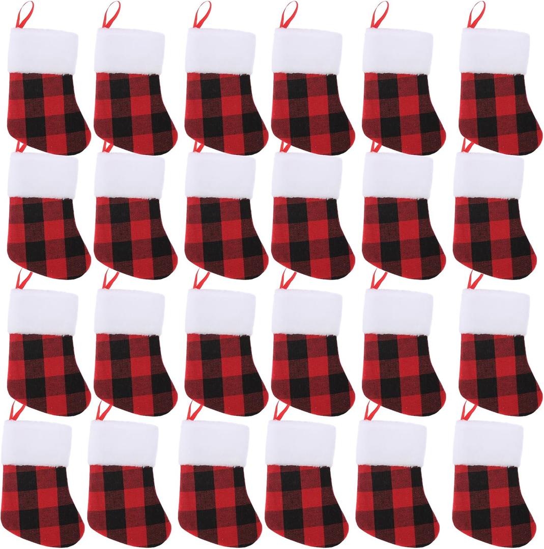 Mini Christmas Stockings 7 inch 24pcs, Buffalo Plaid Christmas Stockings, Christmas Hamging Ornaments (Red)