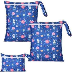OTraki 3 Pack Waterproof Wet Dry Bag with Zippered & Handle Reusable Wet Clothes Bag Baby Cloth Diaper Wet Bags for Swimming Travel Beach Pool Gym,Drying Do Not Exceed 176 (Flower Pattern)
