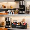 HTYSIQI Coffee Station Organizer for Counter, Coffee Bar Organizer with Removable Dividers, Pod Syrup Holder for Syrup, Cups, Stirrer, Tea, Black