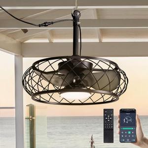 CROSSIO 20'' Outdoor Ceiling Fan with Lights Remote Control, Outdoor Ceiling Fans with Hanging Hook, Dimmable Caged Industrial Chandelier with Fan, Fandelier for Gazebo Patio Pergola, Black