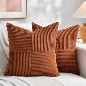 Fancy Homi 2 Packs Rust Boho Decorative Throw Pillow Covers 18x18 Inch for Couch Bed Sofa, Farmhouse Fall Home Decor, Soft Corss Corduroy Patchwork Textured Terracotta Accent Cushion Case 45x45 cm, Rust
