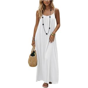 SHENHE Women's Open Back Spaghetti Strap Beach Maxi Dress Loose Flowy Vacation Sundress (Large, White)