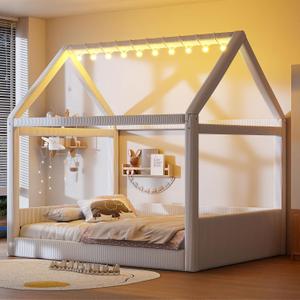 Bellemave Kids Full Size Bed Frame with LED Light Strips, Upholstered House Bed for Kids, Wood Full Size Floor Bed with Slats, No Box Spring Needed, Beige