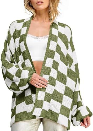 Saodimallsu Womens Checkered Oversized Cardigan Sweaters Color Block Chunky Open Front Lantern Sleeve Plaid Knit Coats, Medium -Large