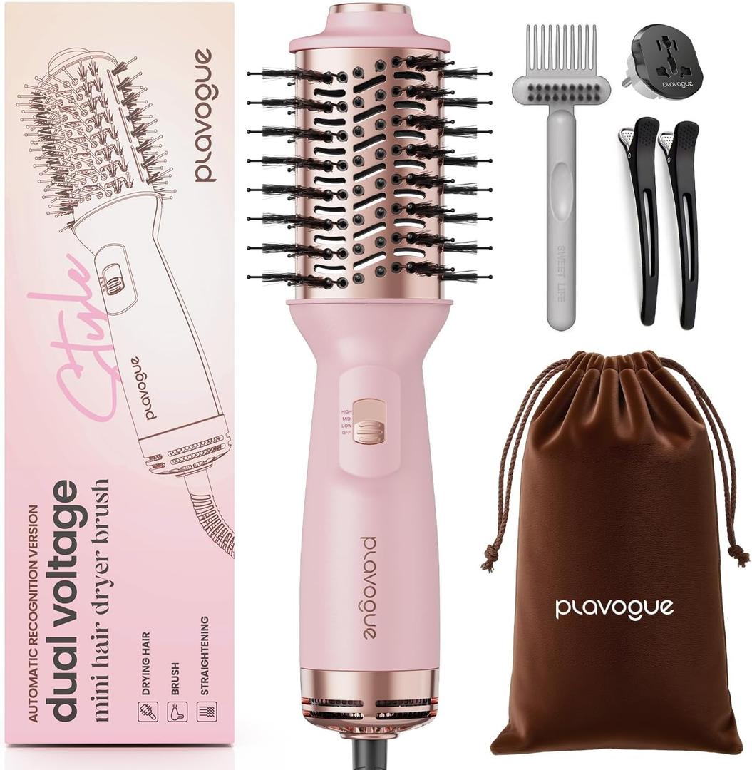 PLAVOGUE Mini Dual Voltage Hair Dryer Brush, 700 Watts Travel Hot Air Brush with European PlugIonic One Step Blow Dryer and Styling Brush with Ceramic Coating for Women for Home & Salon (Pink)