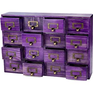 Purple 16-Slot Wooden Drawer Unit - Country Style Desk Organizer Box 20''x3.6''x14'' Storage w/ 16 Drawers Countertop Label Holder & Handle Slim 4-Level