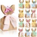 Affrolling 24 Set Boho Bow Easter Bunny Party Favor Bags DIY Bunny Gift Boxes with Neutral Bow Ribbon and Dried Flowers Rustic Paper Rabbit Ears Treat Bags Bulk for Easter Spring (Pastel)