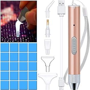 Maitys Electric Diamond Painting Pen Point Drill Pen with Light 5d DIY Diamond Painting Tool with 20 Pieces Glue Clay 5 Pieces Replacement Heads for DIY Craft (Rose Gold)