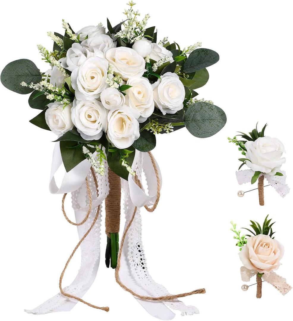 8inch Wedding Bouquets Set for Bride and Bridesmaid with Groom Boutonniere, Artificial Silk Ivory Rose Flowers, Bridal Bouquet for Wedding Church Decoration (White)