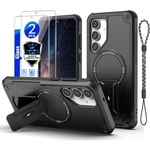 GuardCase for Samsung Galaxy S25 FE case[Compatible with MagSafe][with 2 * 9H Tempered Glass Screen Protector], Built in Invisible Stand, Not FadingShockproof Protective Phone Cover 6.7-inch(Black)