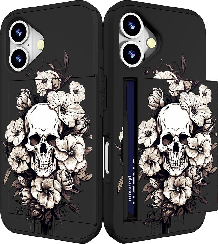 IWONE Compatible with iPhone 16 Plus Case with Card Holder Cute Shockproof Drop Protection Phone Wallet Slot Cover Cases for Women - Black Floral Skull Skeleton