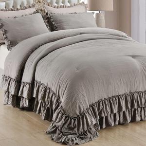 Masaca Grey Shabby Comforter Set Queen, Farmhouse Rustic Microfiber Bedding Ruffled Comforter Set, Vintage Gray Ruffle Comforter for Queen Bed Fluffy Aesthetic Bedding 3 Pack