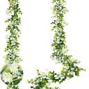 6FT Eucalyptus Garland with Flowers, 2 Pack Artificial Greenery Garland Hanging Faux Eucalyptus Garland Suitable for Table Wedding Backdrop Arch Wall Party UV Protected Indoor Outdoor Decor