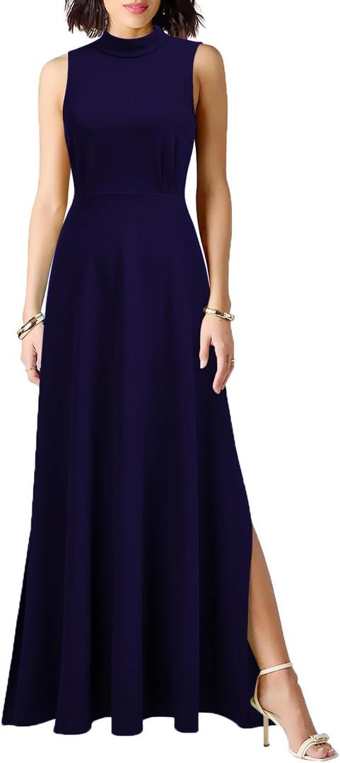 WOOSEA Women Sleeveless High Neck Split Evening Cocktail A-Line Long Dress Navy Blue (Blue)