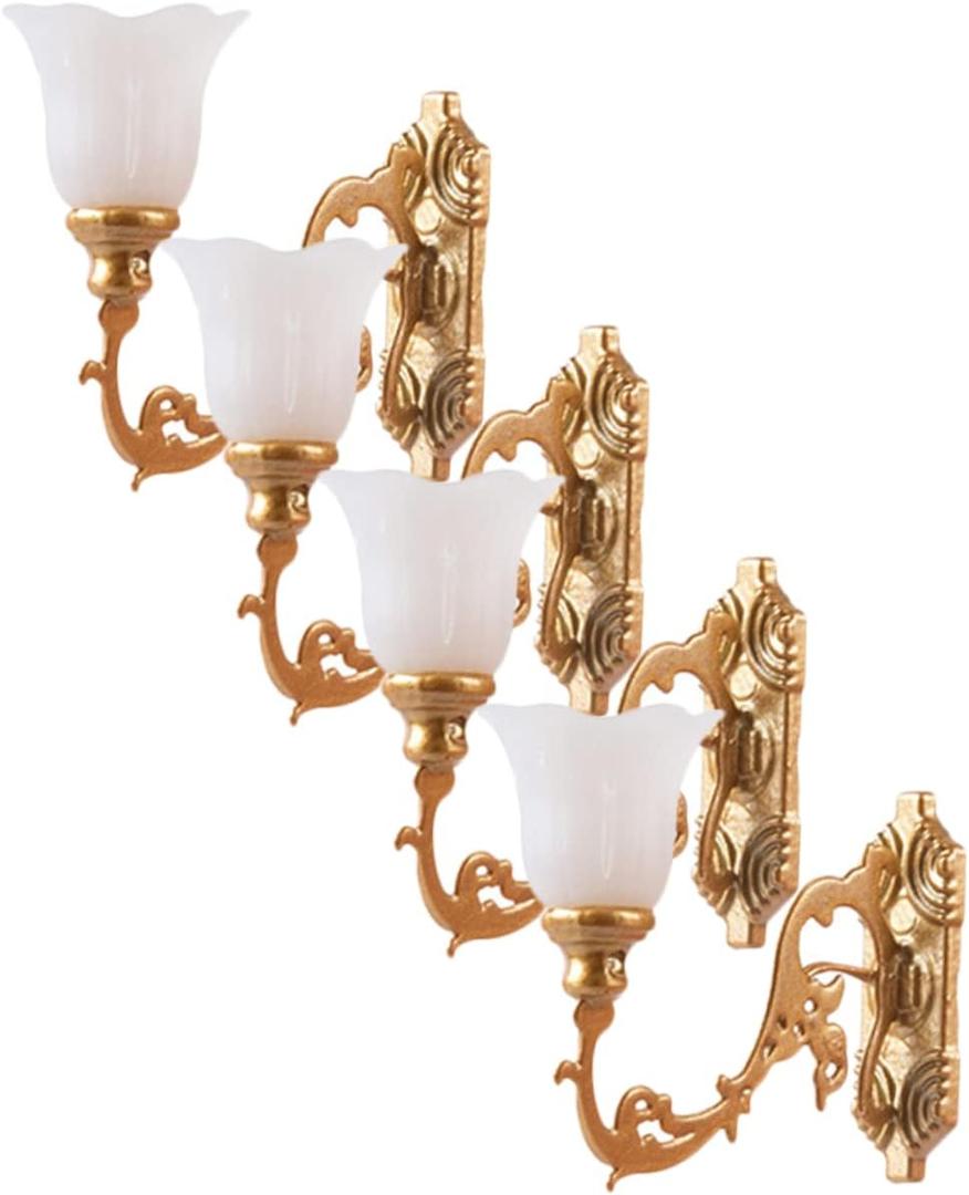 4pcs Dollhouse Wall Light LED Decor LED Lanterns Miniature Dollhouse Miniature Lighting Wall Lamp Sconce Light Scene Lamp Micro Landscaping Decor (2.5X2.3CM, Gold)