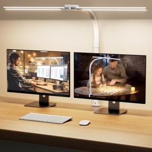 LED Desk Lamp for Home Office - Eye-Caring Computer Desk Light with Clamp, Adjustable Work Lamp with Color Changing, Dimmable Double Head Monitor Light with Gooseneck, White