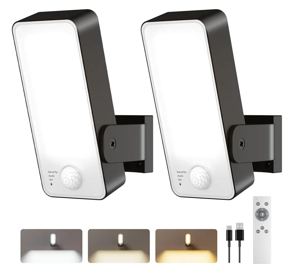 2 Pack Motion Sensor Outdoor Lights, 10000mAh Rechargeable Battery Operated Outdoor Lights with Remote, 3 Modes with Red Alert, Dimmable & 3CCT, Outdoor Security Lights for Porch
