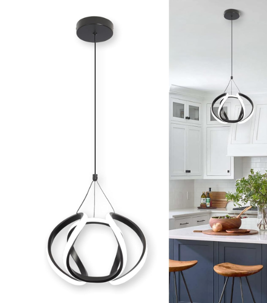 CANEOE Modern Led Pendant Light Fixtures, 5500K Black Pendant Lighting for Kitchen Island, Adjustable Height Hanging Light Fixtures for Dining Room Bedroom Living Room Foyer, 1 Pack