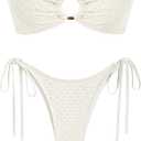 ZAFUL Women's Bandeau Bikini Strapless O Ring Lace Tie Back High Cut Two Piece Swimsuit Bathing Suits (Large, 2-Beige)