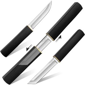 Moontay Mini Katana Knives Set  2 in 1 Janpanese Tanto Knife with Integrated Wood Sheath & Handle, Stainless Outdoor Double Knife Set, Short Samurai Swords for Camping Survival BBQ, Christmas Gifts (Black)