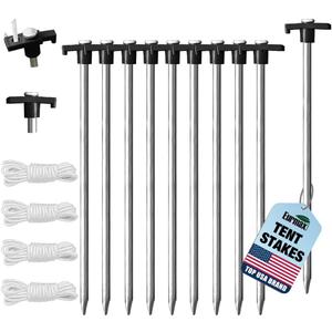 Eurmax USA Galvanized Non-Rust Camping Family Tent Pop Up Tent Stakes Canopy Anchors Heavy Duty 10pc-Pack, with 4x10ft Ropes & 1 Stopper(Black)