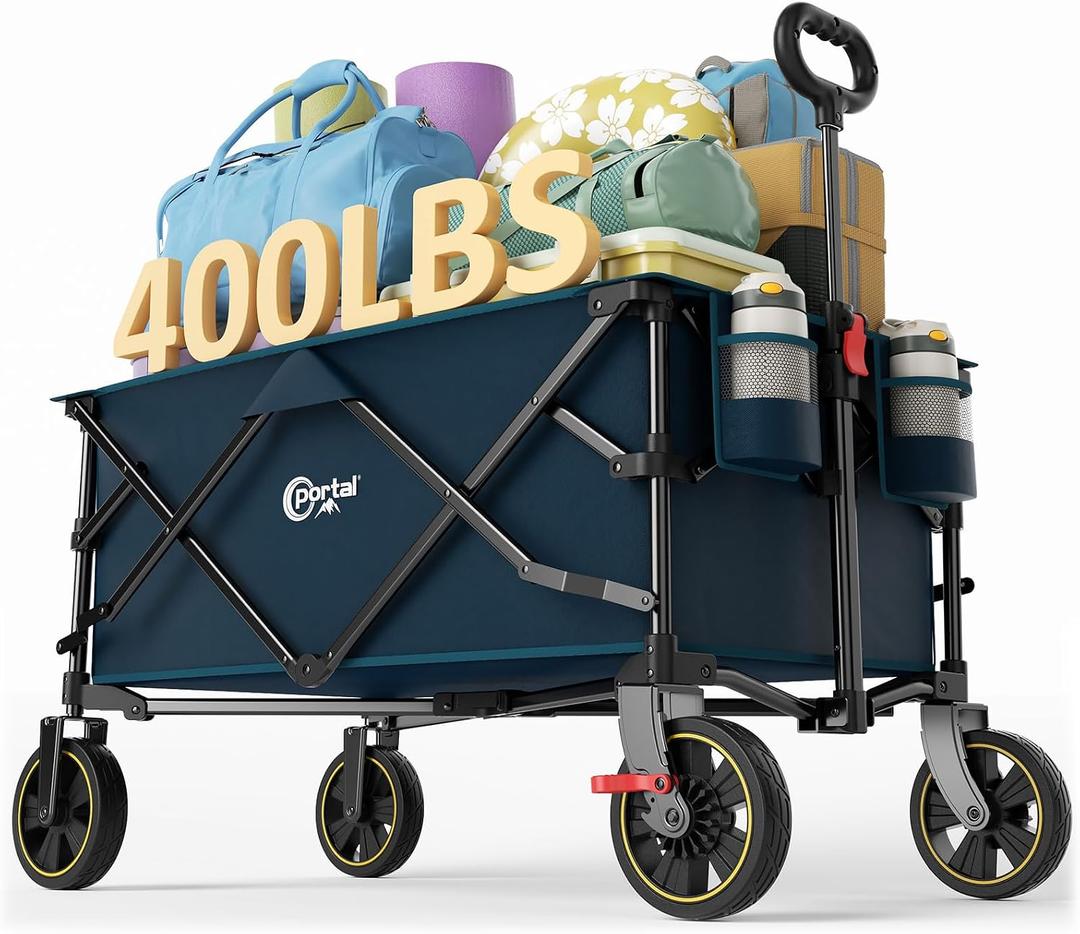 Portal Collapsible Folding Wagon Cart, 400lbs Heavy Duty Foldable Wagons with Wheels & Brake, Utility Grocery carts for Outdoors Camping, Shopping, Sports, Garden, Beach, Blue