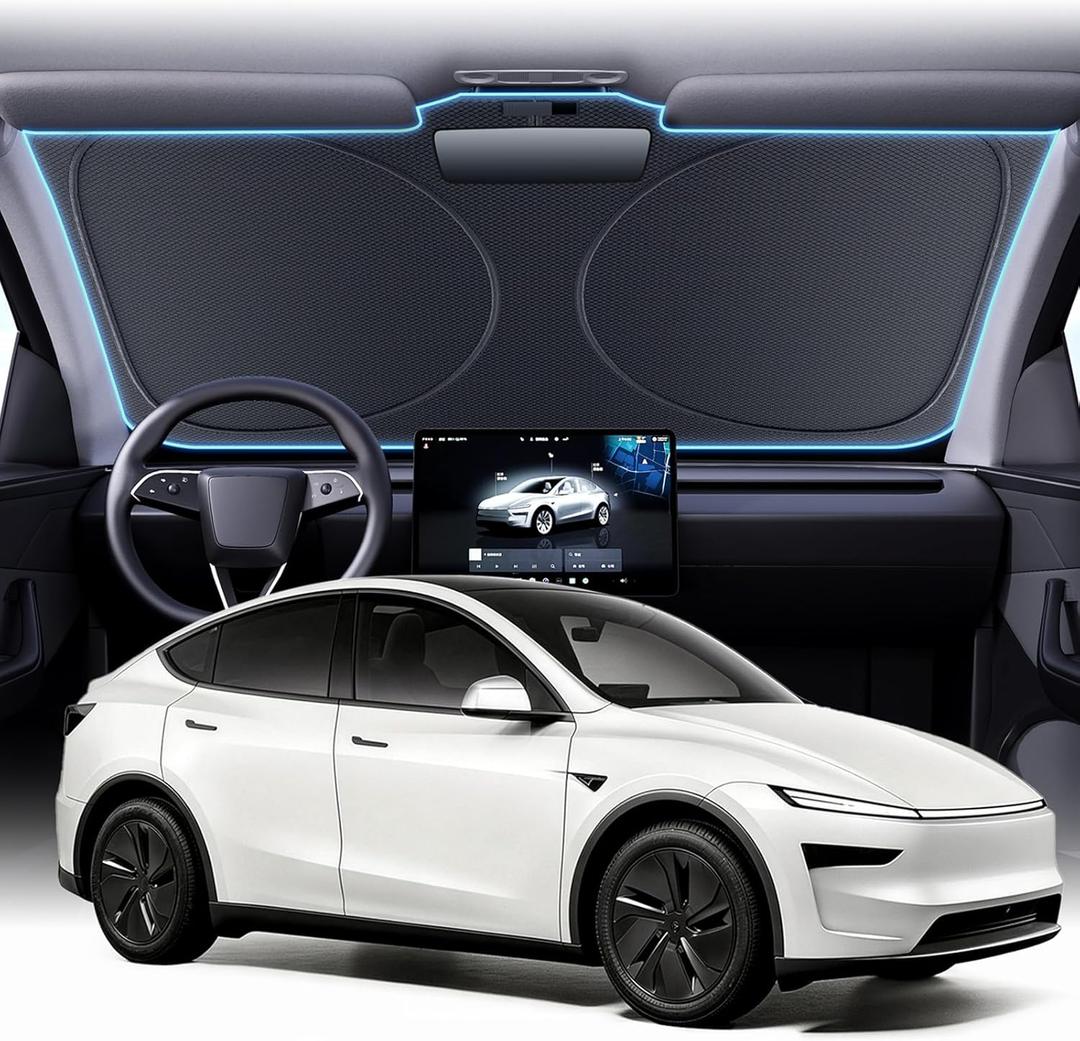 Upgraded Windshield Sun Shade for Tesla Model Y/Model 3 2017-2026 [99.9% Sun Protection, Super Heat Insulation] Foldable Sunshade with Storage Bag, Car Accessories, WS2 (59 x 36 in)