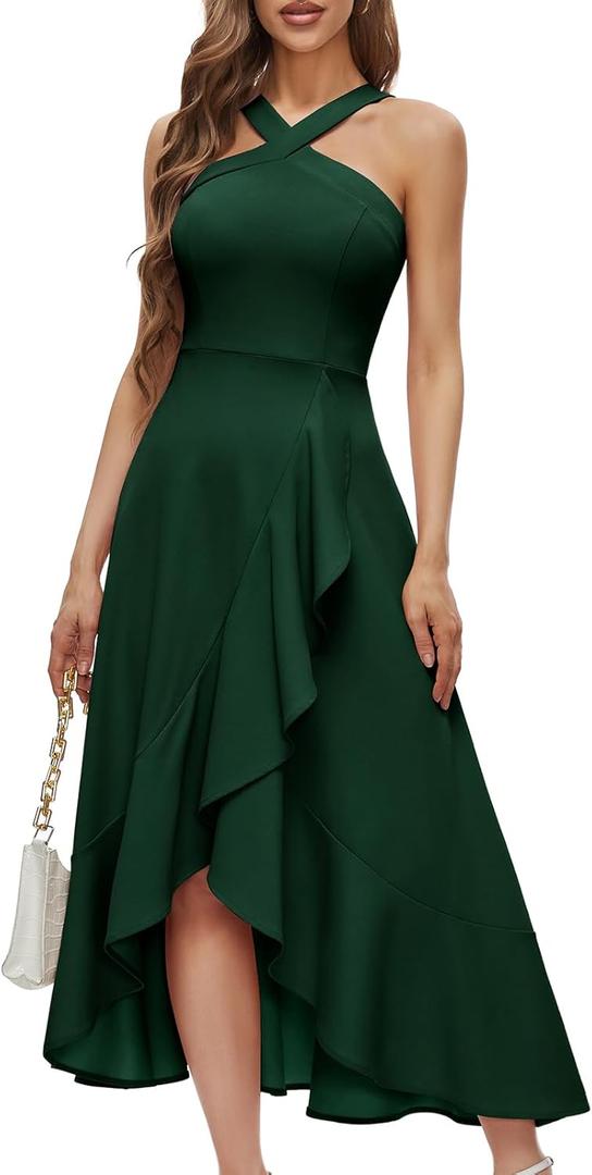 Bbonlinedress Halter Cocktail Women Dresses Prom Formal Wedding Guest Bridesmaid Ruffled Maxi Hi-Lo Evening Party 2026 Dress, Size Medium