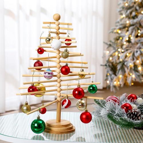 Roowest 17.72 Inch Christmas Tree Ornament Stand Holder with Arms Wooden Christmas Crafts Tree Shaped Ornament Display Stand for Counter Desktop Xmas Holiday Party(Rotatable Style)