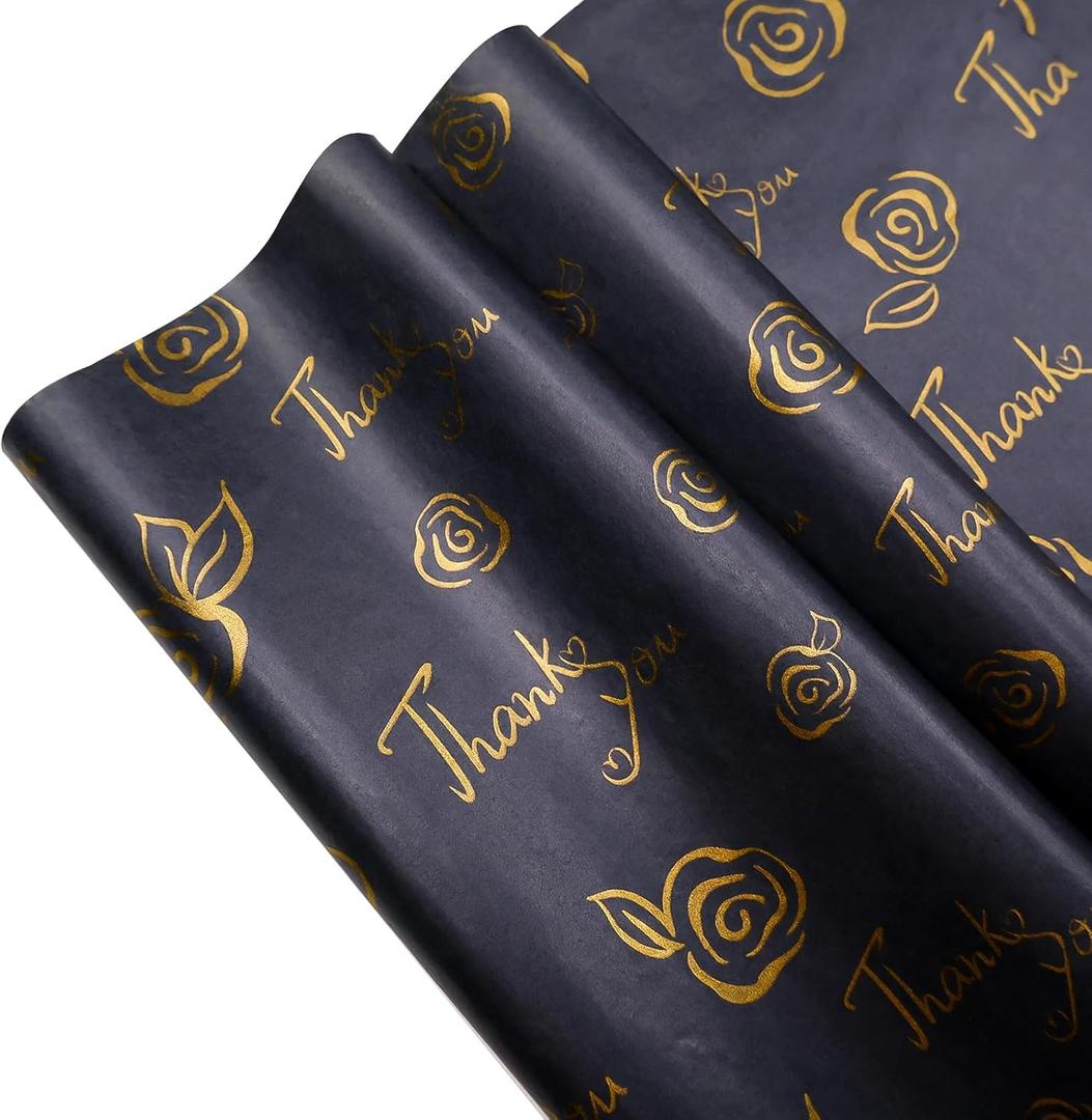 HolyMaji 50 Sheets Gold Thank You Tissue Paper 20 x 14 Metallic Black Tissue Paper for Gift Bags Bulk Wrapping for Graduation Birthday Party Favor Decor Wedding Valentine's Day Baby Shower
