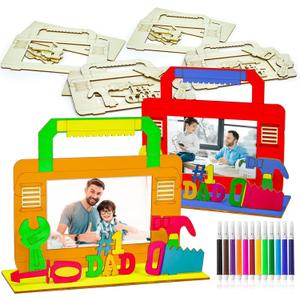 Cinrobiye 6 Set Fathers Day Craft Kits Fathers Day DIY Wooden Picture Frame Paining Craft Kit Best Dad Unfinished Craft Wood Photo Frames with Accessories for Family Classroom Activities Art Project
