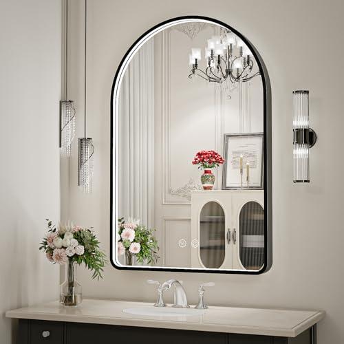 FTOTI 24X36 Inch Arched LED Mirror for Bathroom,3-Color Black Framed Arched Wall Lighted Vanity Mirror with Lights,Anti-Fog, 3000K/4500K/6000K Dimmable,ETL Listed LED Driver