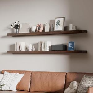 60 inch Long Floating Shelves for Wall,Solid Wood Long Shelves Set of 2,Walnut Rustic Mounted Shelves for Bathroom Bedroom Laundry Room (Walnut, 60 Inch)