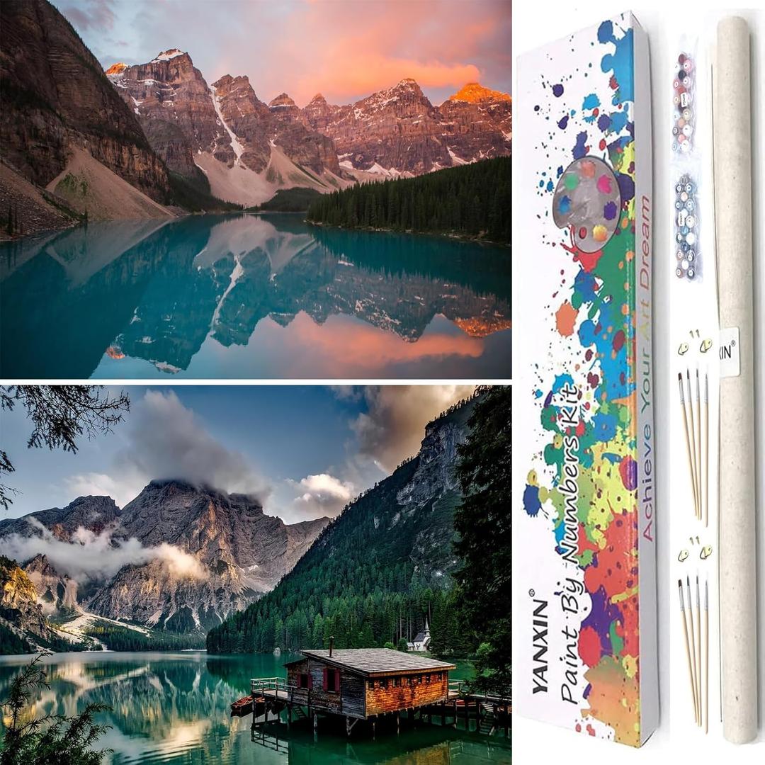 Paint by numbers Kit for adults beginners 2 pack paint by numbers for adults rolled up canvas for home decoration creative wall art with colorful gift box 12x16 inch mountain lake sunset 169-170