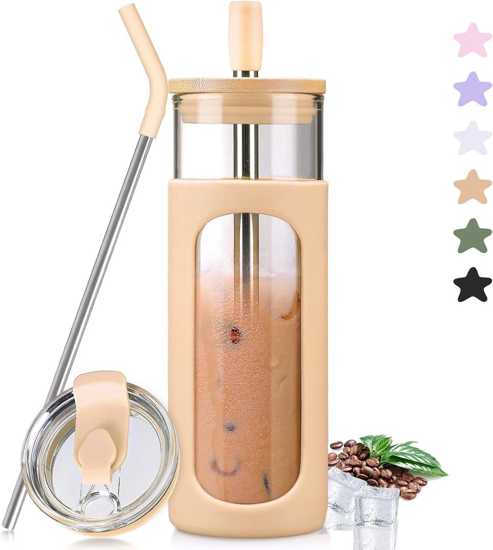 kytffu Glass Cups With Lids and Straws, 24 oz Iced Coffee Cup, Bamboo Lid Smoothie Cup With Silicone Sleeve, Clear Water Tumbler with Straw and Lid, To Go Glass Water Bottles, Amber (Amber3)
