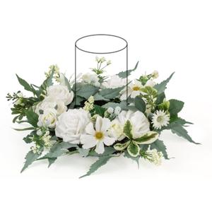 WELL KNOWN Artificial Flower Candle Rings Wreath, 12" Small White Fall Wreath for Candles & Candleholders, Autumn Winter Centerpieces for Home Table Decor