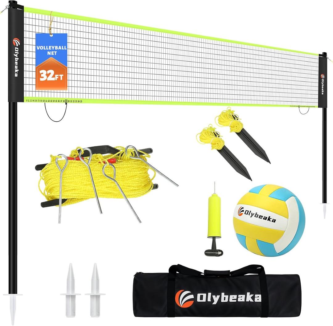 Portable Outdoor Volleyball Net Set for Backyard Beach with Adjustable Poles, Soft PU Volleyball & Pump, Carry Bag and Durable Anti-Sagging Net (32ft, Black and Green)