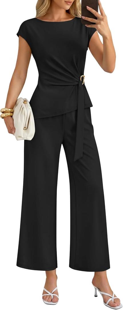 ZESICA Women's 2026 Summer 2 Piece Outfit Sets Casual Short Sleeve Knit Belted Tops and Wide Leg Pants Work Office Clothes (Medium, Black)