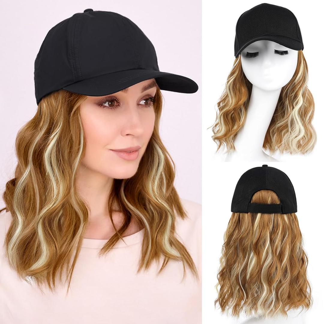 AISI QUEENS Hat Wig Hat with Hair Attached for Women Cap with Hair Attached for Women Baseball Cap Wig Extensions Short Wave Synthetic Adjustable for Daily Use
