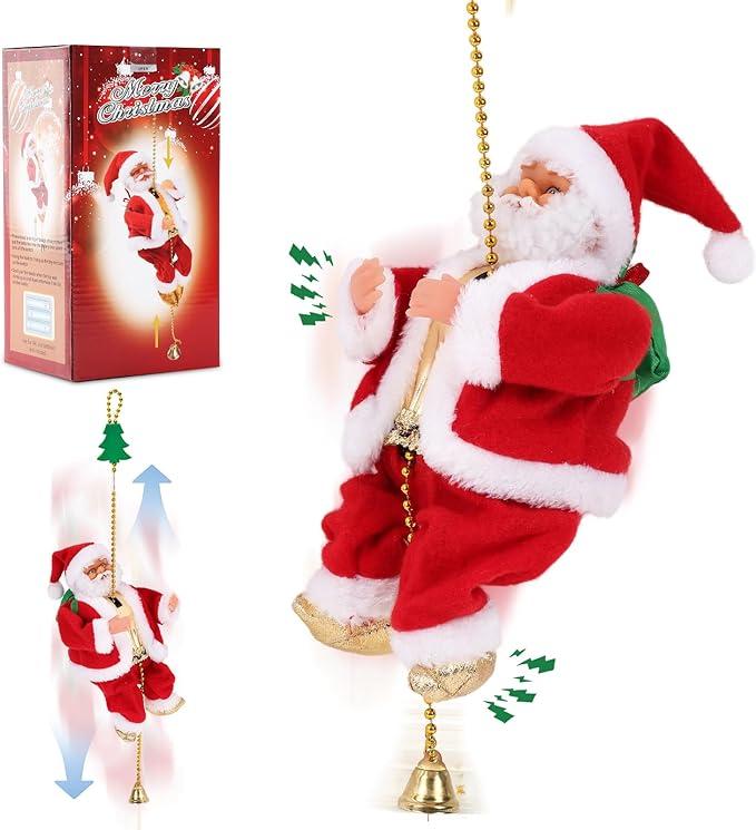 Electric Climbing Rope Santa Claus with Bead Chain Battery Operated Santa Figurines Climbs Up and Down Hanging Christmas Ornament for Christmas Tree, Party, Wall Decor